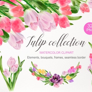 May include: Watercolor clipart featuring pink and purple tulips, with green leaves. The image includes the text "Tulip collection" and "Watercolor Clipart". Elements include bouquets, frames, and a seamless border. A pink circle indicates 32 PNG files.