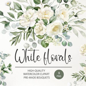 Puede incluir: Ilustración en acuarela de flores blancas con hojas verdes. La imagen incluye el texto "White Florals" e información sobre clipart de acuarela de alta calidad y ramos prefabricados.