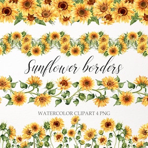May include: Watercolor clipart featuring sunflower borders. The image displays several horizontal arrangements of sunflowers with green leaves and buds. The text "Sunflower borders" is written in cursive, and "WATERCOLOR CLIPART 4 PNG" is also visible.