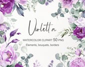 Watercolor purple floral clipart. Violet flowers border, wreaths, bouquet. Floral wedding graphic (46 PNG). Digital download 014