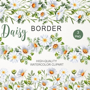 May include: A watercolour design featuring a daisy border with white petals and yellow centres, complemented by green leaves and buds. The image includes the words "Daisy Border" and "High-Quality Watercolor Clipart". The image also includes the text "3 PNG".