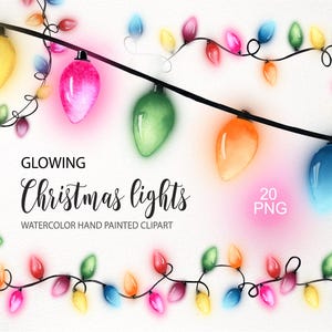 May include: A collection of watercolor illustrations featuring strings of glowing Christmas lights in various colors including yellow, pink, green, orange, and blue. The text reads GLOWING Christmas lights 20 PNG WATERCOLOR HAND PAINTED CLIPART.