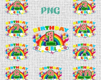 Rainbow birthday girl PNG, birthday numbers, sublimation