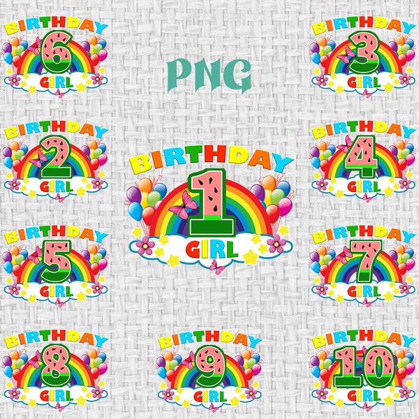 Rainbow birthday girl PNG, birthday numbers, sublimation