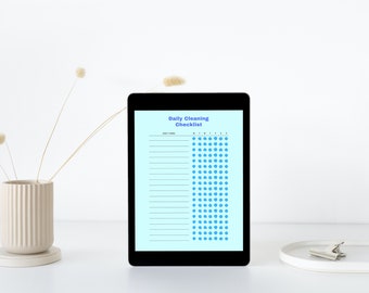 May include: A digital tablet displaying a daily cleaning checklist with a light blue background. The checklist includes a list of tasks and a grid of blue circles for tracking progress.
