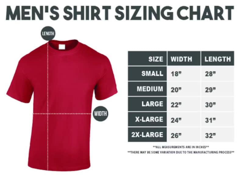 Pu&ograve; includere: Un grafico che mostra le taglie delle camicie da uomo con un'illustrazione di una t-shirt rossa. Il grafico mostra le taglie dalla S alla 2XL con le misure di larghezza e lunghezza corrispondenti in pollici.