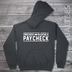 May include: A black hooded sweatshirt with white text that reads "FORECHECK BACKCHECK PAYCHECK" with a hockey puck symbol between the words "FORECHECK" and "BACKCHECK".