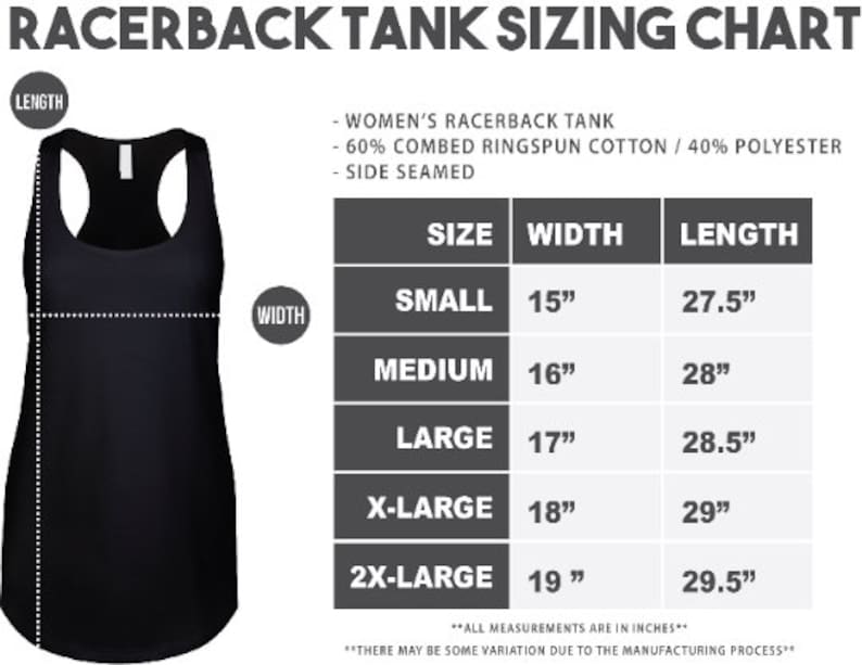 May include: Racerback tank sizing chart with measurements in inches for small, medium, large, x-large, and 2x-large sizes. The chart shows the width and length of each size.
