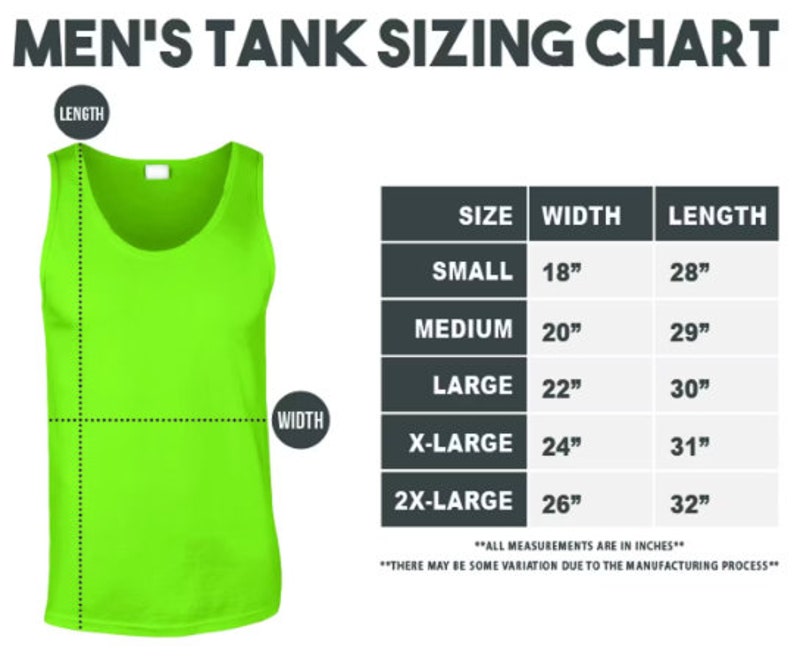 Pu&ograve; includere: Una tabella di taglie per canottiere con misure in pollici. La tabella mostra la larghezza e la lunghezza della canottiera in diverse taglie: piccola, media, grande, extra large e 2x large. Tutte le misure sono in pollici. Potrebbe esserci una certa variazione dovuta al processo di produzione.