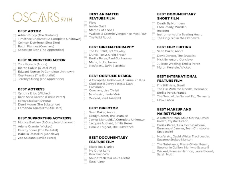 2025 Oscars Ballot, 97th Academy Awards, Oscars Watch Party Game