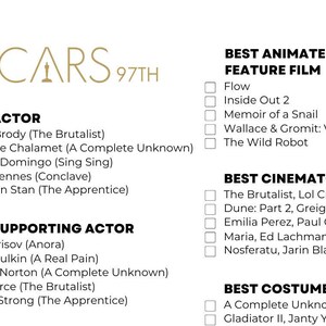 2025 Oscars Ballot, 97th Academy Awards, Oscars Watch Party Game
