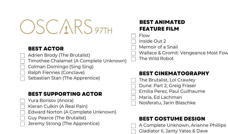 2025 Oscars Ballot, 97th Academy Awards, Oscars Watch Party Game