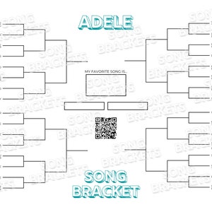 May include: A black and white bracket chart with the text "Adele Song Bracket" at the bottom. The chart lists Adele's songs and allows you to choose your favorite.