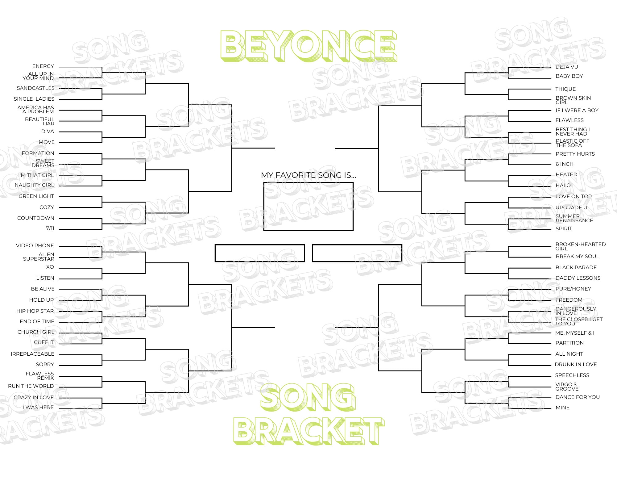 Beyonce Song Bracket | Printable Template (PDF Download) - Etsy