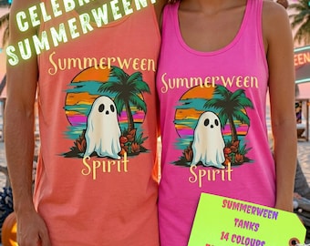 Summerween Spirit Tank Top | Tropischer Geist Unisex Tank | Gruseliges Sommer Strand Top | Halloween Surf Vibes | Retro Sonnenuntergang Geist | 14 Farben