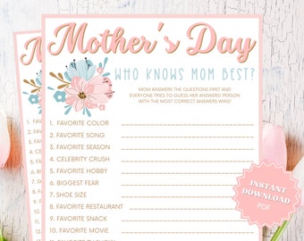 Who Knows Mom Best Mother's Day Game, Mothers Day Activity, Mothers Day Games, Mothers Day Brunch, Mothers Day Party, Who Knows Her Best