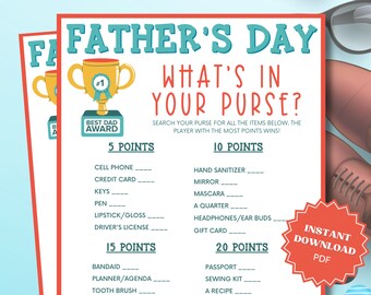 What's In Your Purse Printable Father's Day Game, Purse Game, Group Games, Father's day games, Fathers Day Activity, Fathers Day Party