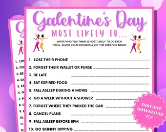 Galentines Day Most Likely To Printable Party Game, Galentines Party, Galentines Day Games, Galentines Games, Party Trivia, Trivia Printable