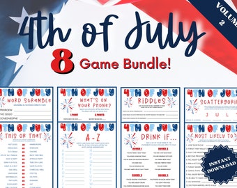Printable 4th of July 8 Game Bundle Vol. 2, Word Scramble, Scattergories, Trivia Games, Whats On Your Phone, This or That, Most Likely To