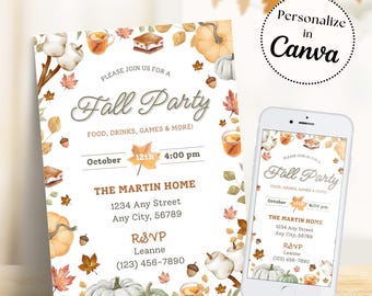 Editable Fall Party Invitation Template: Autumn Harvest Invite (Digital Download)