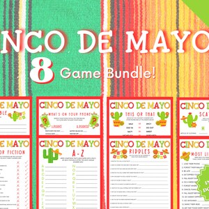 Printable Cinco De Mayo 8 Game Bundle Vol. 2, Word Scramble, Scattergories, Trivia Games, Whats On Your Phone, This or That, Most Likely To
