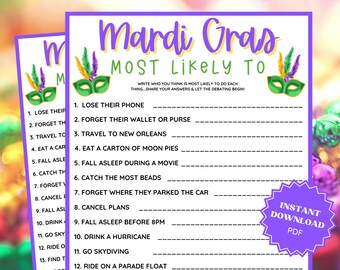 Mardi Gras Most Likely To Game, Mardi Gras Party, Mardi Gras Printable, Most Likely To, Adult Party Games, Adult Party Game, Group Games