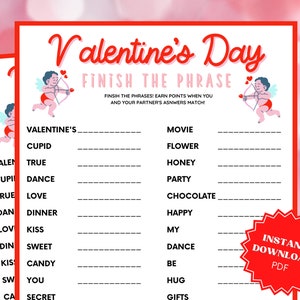 Valentine&#39;s Day Finish The Phrase Game: Printable Party Activity (PDF)