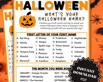 What's Your Halloween Name Halloween Printable For Kids, Halloween Games For Kids, Party Games For Kids, Halloween Printable Games