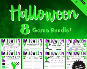 8 Halloween Games Bundle Vol. 1, Trivia Games, Candy Dice Game, Who Knows Who Best, Kids Word Search, Purse Game, Halloween Game Bundle