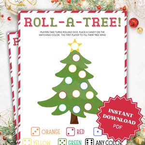 以下が含まれることがあります： 「Roll-a-Tree!」という印刷可能なクリスマスゲーム。緑色のクリスマスツリーに10個の円が描かれています。プレイヤーは順番にサイコロを振り、対応する色のキャンディーを置きます。最初にツリーを埋め尽くしたプレイヤーが勝ちです！サイコロはオレンジ、赤、黄色、緑、そして任意の色です。