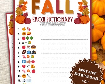 Emoji Pictionary Fall Printable Game, Fall Games Printable, Fall Games For Kids, Fall Game For Teens, Fall Games For Adults, Emoji Game