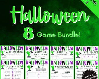 8 Halloween Games Bundle Vol. 2, Word Scramble, Trivia Games, Whats On Your Phone, This or That, Most Likely To, Halloween Game Bundle