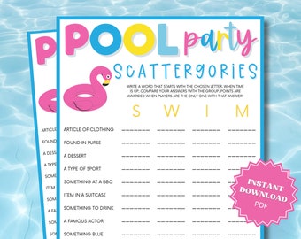 Scattergories Pool Party Printable Game, Word Games, Pool Party Game, Pool Party Games for Kids, Pool Party Ideas, Pool Party Activity