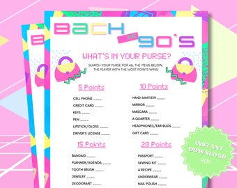 What's In Your Purse 90s Theme Bachelorette Party Game Printable, 90s Bachelorette, 90s Theme Party, Bach To The 90s, Purse Game