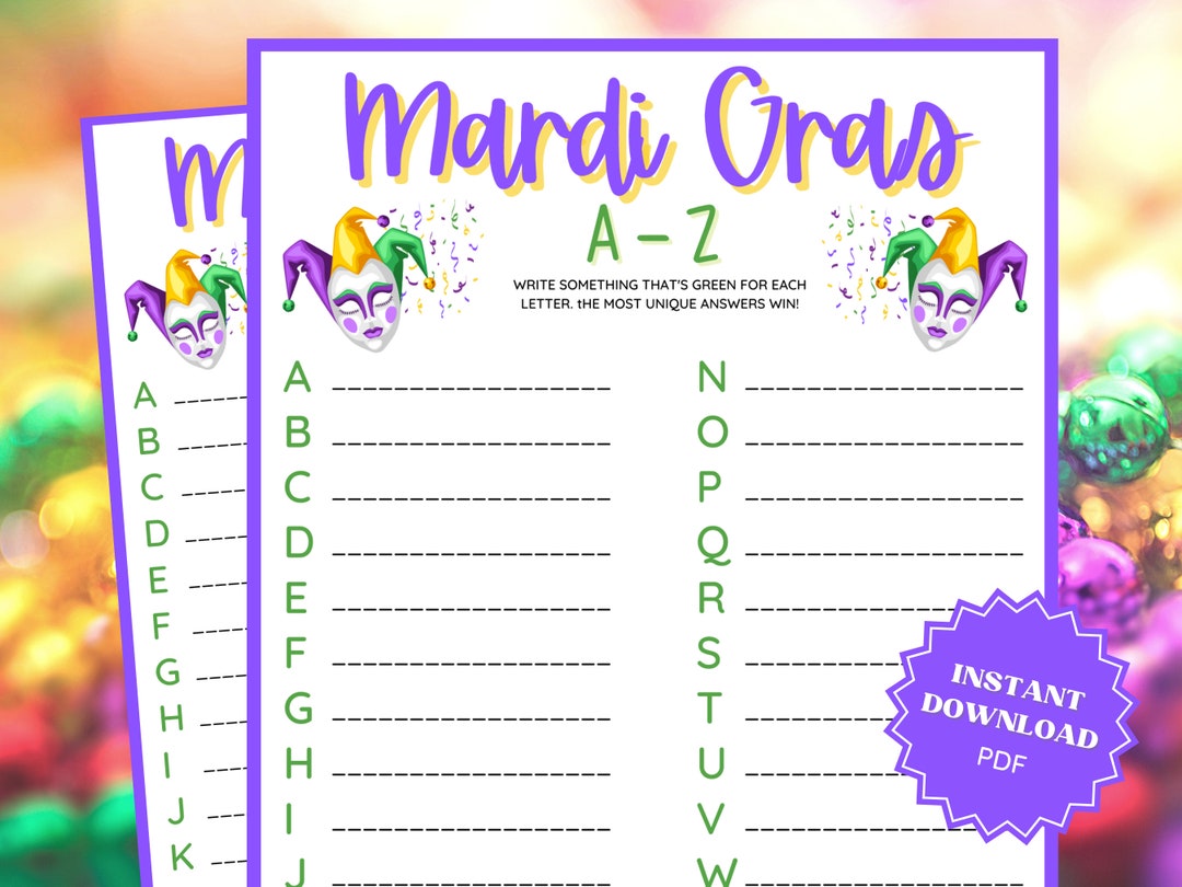 Mardi Gras AZ Word Game, Mardi Gras Party, Mardi Gras Printable, Word