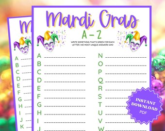 Mardi Gras A-Z Word Game, Mardi Gras Party, Mardi Gras Printable, Word Games, Family Party Game, Family Game Night, Classroom Games