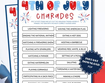 Charades 4th of July Game, 4th of July Games, 4th of July Party, 4th of July Games for Kids, 4th of July Games Printable, Charades for Kids