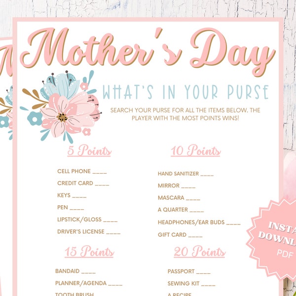 What's In Your Purse Printable Mother's Day Game, Purse Game, Group Games, Mothers day games, Mothers Day Activity, Mothers Day Party
