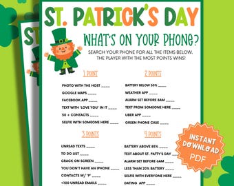What's On Your Phone St Patricks Day Game, St Patricks Games, St Patricks Game, Adult Party Games, Family Party Games, Whats In Your Phone