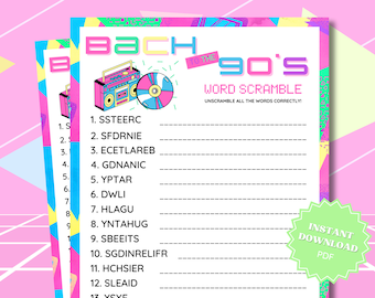 Word Scramble 90s Bachelorette Party Game, Bach To The 90s, 90s Nostalgia, Word Game, 90s Party Theme, Printable Bachelorette Party Games