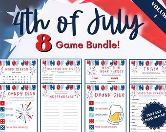 Printable 4th of July Games 8 Game Bundle Vol. 1, Trivia Games, Candy Dice Game, Drunk Dice, Kids Word Search, Purse Game, 4th of July Party