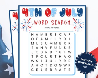 Word Search 4th of July Game, 4th of July Games, 4th of July Games for Kids, 4th of July Games Printable, Word Games, Kids Word Search