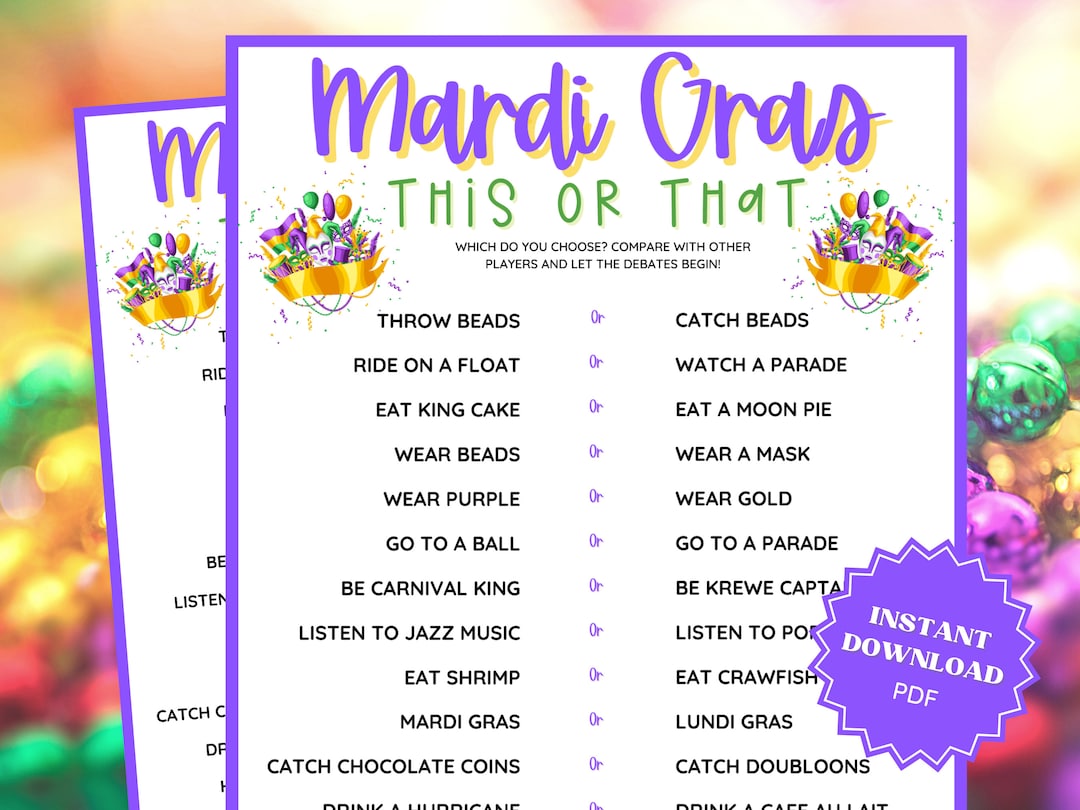 This or That Mardi Gras Game, Mardi Gras Party, Mardi Gras Printable ...
