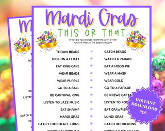 This Or That Mardi Gras Game, Mardi gras Party, Mardi Gras Printable, Fat Tuesday Family Party Games, Group Games, Would You Rather