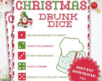 Drunk Dice Christmas Drinking Game, Christmas Drinking Games, Holiday Drinking Game, Drinking Game Printable, Dice Game Christmas