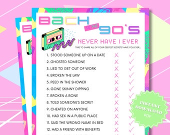 Never Have I Ever 90s Theme Bachelorette Party Game Printable, 90s Bachelorette, 90s Theme Party, Bach To The 90s, Ever or Never
