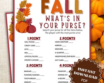 Whats In Your Purse Fall Game Printable, Fall Games For Seniors, Fall Games For Adults, Fall Game Printables, Fall Games For Office