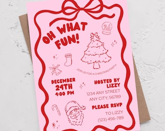 Pink Retro Christmas Party Invitation | 'Oh What Fun' Editable Template (Canva)
