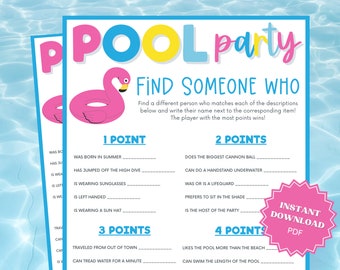 Find Someone Who Pool Party Printable Game, Pool Party Games, Pool Party Games for Kids, Find Someone Who Bingo, Pool Party Ideas