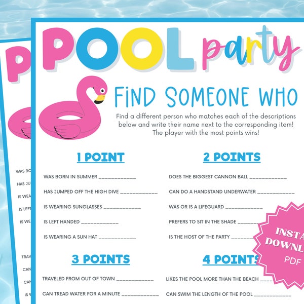 Find Someone Who Pool Party Printable Game, Pool Party Games, Pool Party Games for Kids, Find Someone Who Bingo, Pool Party Ideas